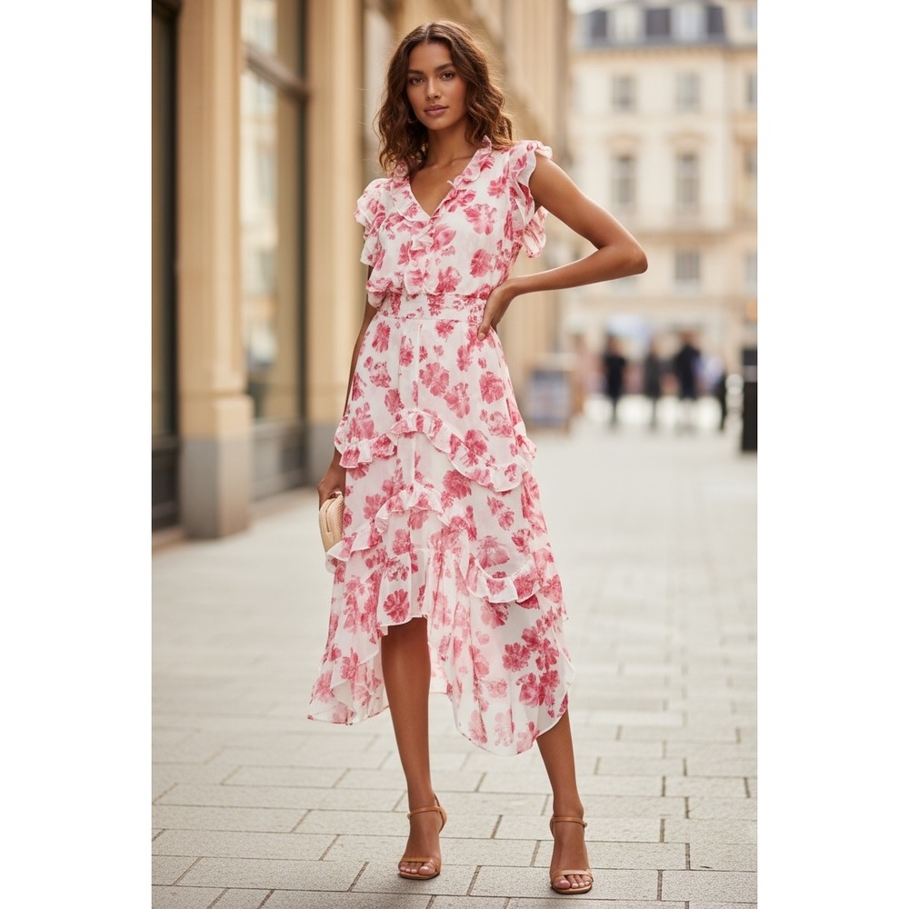 MISA Los‎ Angeles Floral Ruffle Tiered Midi Dress Womens S Pink White